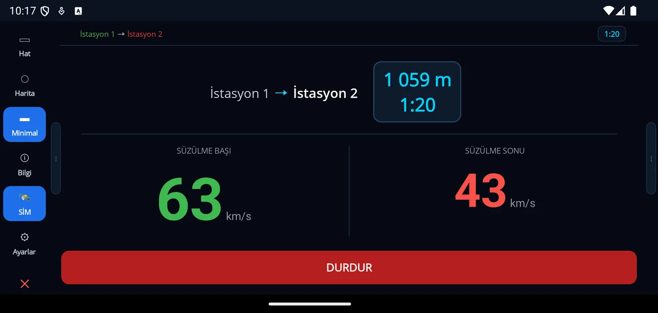 HISIMDAS tablet ekranı, sefer sırasında: İstasyon 1 → İstasyon 2, 1 059 m, süzülme başı 63, süzülme sonu 43 km/sa (istasyon adları temsili)